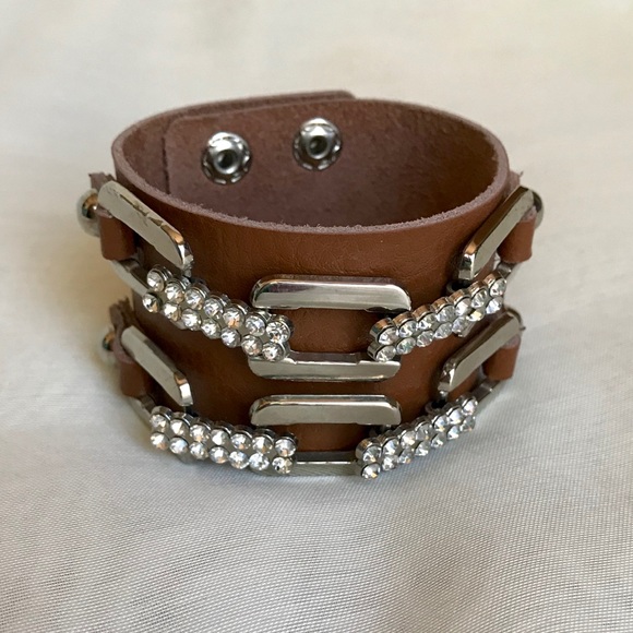 Jewelry - Leather Cuff Bracelet with Rhinestone Bling